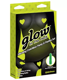 Glow In The Dark Vibrating Crotchless Panty And Pasties Set Hearts