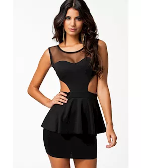 Black Cut Out Mesh Peplum Dress