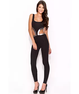 Black Cutout Jumpsuit With Silver Bandage Trim