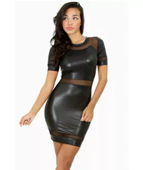 Black Mesh Short Sleeves Leather Dress