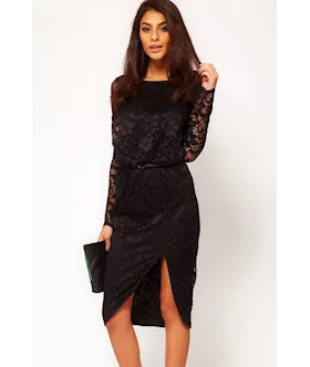 Black Sexy Midi Dress In Lace With Cowl Back And Split