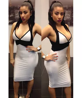Black White V-neck Halter Midi Dress