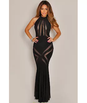 Glam Black Mesh Pattern Hourglass Evening Dress