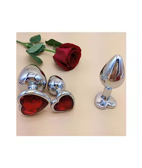 Chrome Butt Plug With Red Heart Shaped Jem
