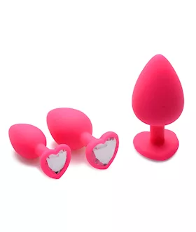 Pink Hearts 3 Piece Silicone Anal Plug Set With Gem Accents