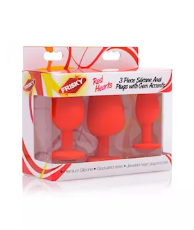 Red Hearts 3 Piece Silicone Anal Plugs Set With Gem Accents
