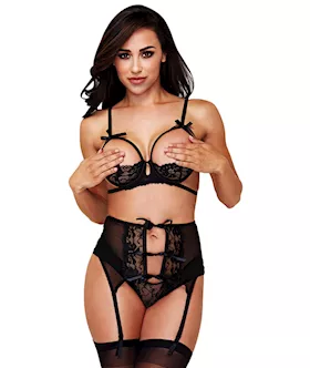 Baci Show Me 3 Piece Bra, Garter Belt, And Crotchless Panty Set
