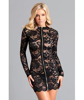 One Piece Front Zip Lace Mini Dress - S