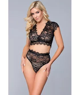 Two Piece Lace Eyelash Crop Bralette and High Waist Thong Set