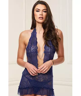 2 Piece Deep-v Lace Chemise And G-string Set