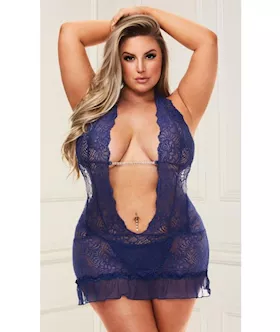 2 Piece Deep-v Lace Chemise And G-string Set