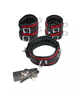 Bound X Padded Woven Leather Cuffs And Collar Set