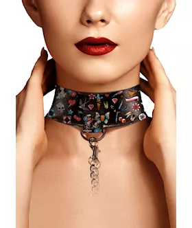 Printed Collar With Leash - Old School Tattoo Style  