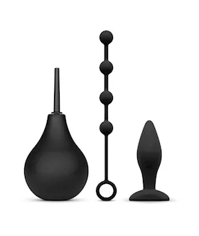 ANAL BEGINNER KIT Douche 224ml Silicone Beads 20mm Small Silicone Butt Plug Black
