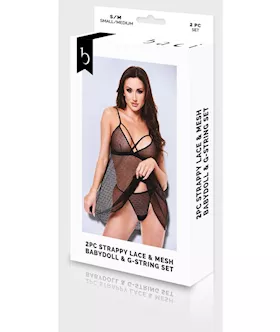 Baci 2pc Strappy Lace & Mesh Babydoll & G-string Set-s/m Bx