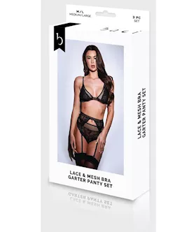 Baci 3pc Lace & Mesh Bra, Garter & Panty Set-blk-s/m Bx