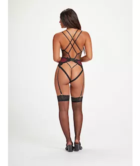 Nothing But Net Guipure Lace And Fishnet Teddy Stm-11456-black/wine-m