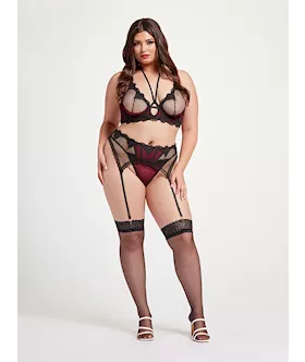 Nothing But Net Three Piece Bra Set Set Stm-11458x-black/wine-1x/2x