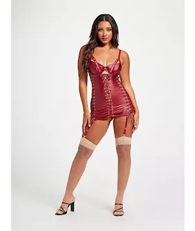 Midnight Love Vegan Leather Two Piece Chemise And Panty Set Stm-11492-wine-m