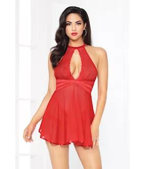Lace Mesh Babydoll wStrappy Waist amp Panty wCriss Cross Waistband Red LG