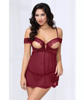Lace & Mesh Open Cups Babydoll W/fly Away Back & Panty Wine Lg