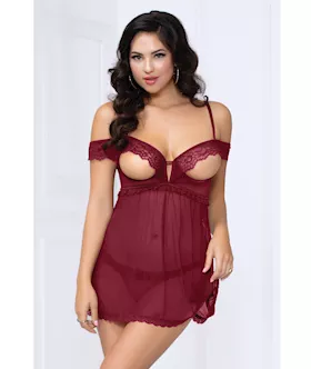 Lace amp Mesh Open Cups Babydoll wFly Away Back amp Panty Wine XL