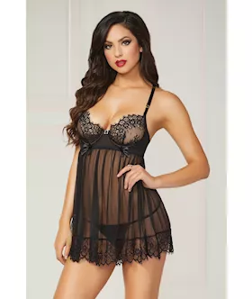 Eyelash Galloon Lace amp Mesh Babydoll amp Thong Black XL