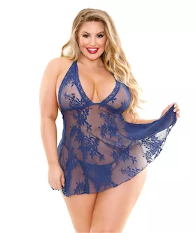 Curve Livie Lace Chemise amp GString Navy 3X4X