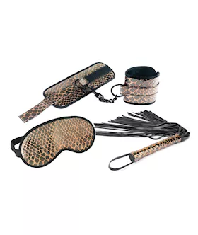 Spartacus Faux Leather Wrist Restraints Blindfold amp Flogger Bondage Kit  Gold