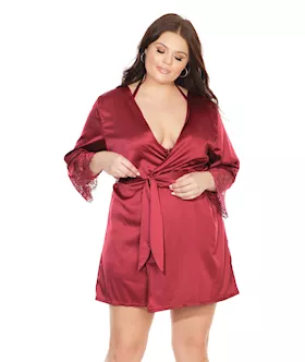 Stretch Satin Robe wEyelash Lace Sleeve Merlot OSXL