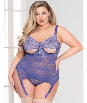 Cross Dye Lace Peek a Boo Chemise wAttached Garters amp GString Iris QN