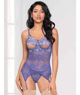 Cross Dye Lace Peek a Boo Chemise wAttached Garters amp GString Iris OS