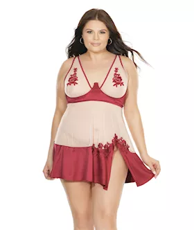 Sheer Nylon amp Stretch Satin Babydoll wUnderwire Cups amp GString MerlotNude 3X4X
