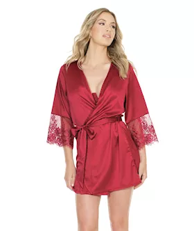 Stretch Satin Robe wEyelash Lace Sleeve Merlot OS
