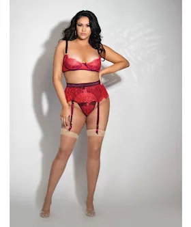 Eyelash Lace Underwire Bra Garter Skirt amp GString Red 1X2X