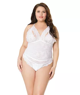 Stretch amp Scallop Lace Crotchless Teddy White OSXL