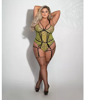 Print Mesh Teddy wGarters Leopard Chartreuse QN
