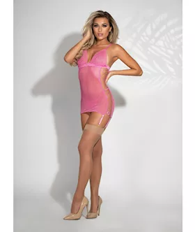 Lace amp Mesh Side Gartered Chemise amp GString Pink OS