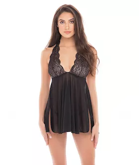 Rene Rofe Dolled Up Halter Chemise amp GString Black ML