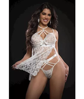 Lace Halter Babydoll wHigh Waist Strappy Panty White OS