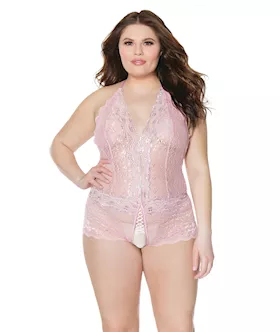 Crystal Pink Halter Crotchless Teddy PinkSilver OSXL