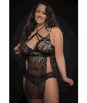 Lace Halter Babydoll wLace Panty Black QN