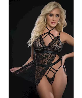 Lace Halter Babydoll wHigh Waist Strappy Panty Blackout OS