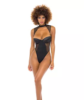 Josephine High Leg Teddy wRemovable Fishnet Collared Harness Black LG