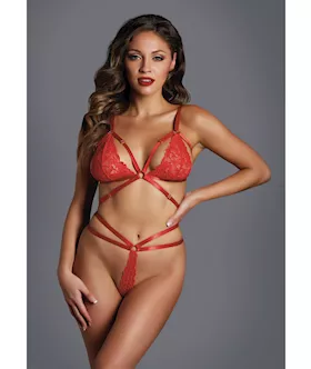 Adore the Flame Strappy Lace Bra amp Thong Red OS
