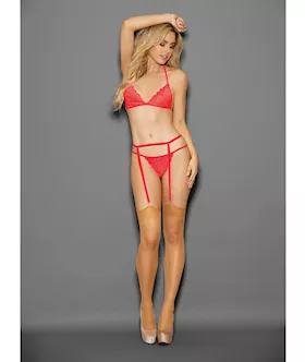 Euphoria Tri Top Bra Garterbelt GString amp Hose Blazing Coral OS