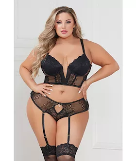 Stretch Lace Cropped Bustier amp Cheeky Panty Black 1X2X