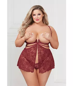 Super Sexy Stretch Lace Babydoll wGString Wine QN