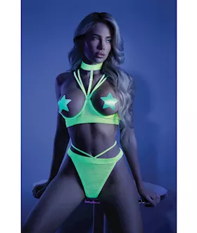 Glow Black Light Harness Open Shelf Bra amp Cage Thong Pasties not Included Neon Lemon LXL