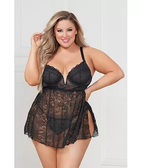 Stretch Lace Babydoll wUnderwire Cups amp GString Black 3X4X